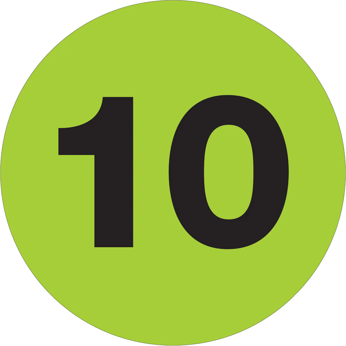2" Circle - "10" (Fluorescent Green) Number Labels 500/Roll